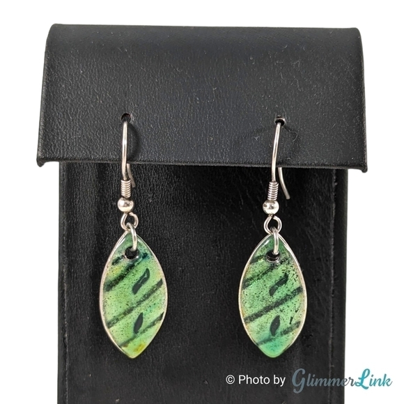 Jewelry - Green Enamel Oval Leaf Shaped Silver Tone Dangle Earrings